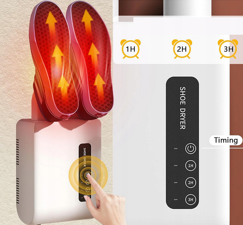 Elektrický bílý teplovzdušný nástěnný vysoušeč bot (obuvi) NCRealher s nastavením času ohřevu a diodami - 150W