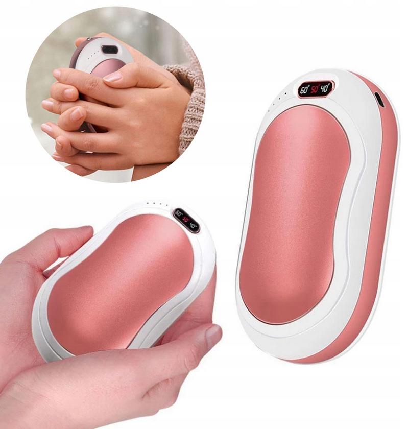 Elektrický kapesní ohřívač rukou - powerbanka 6000 mAh 3 stupně vyhřívání, vibrace, svítilna, růžovo-bílá 183g