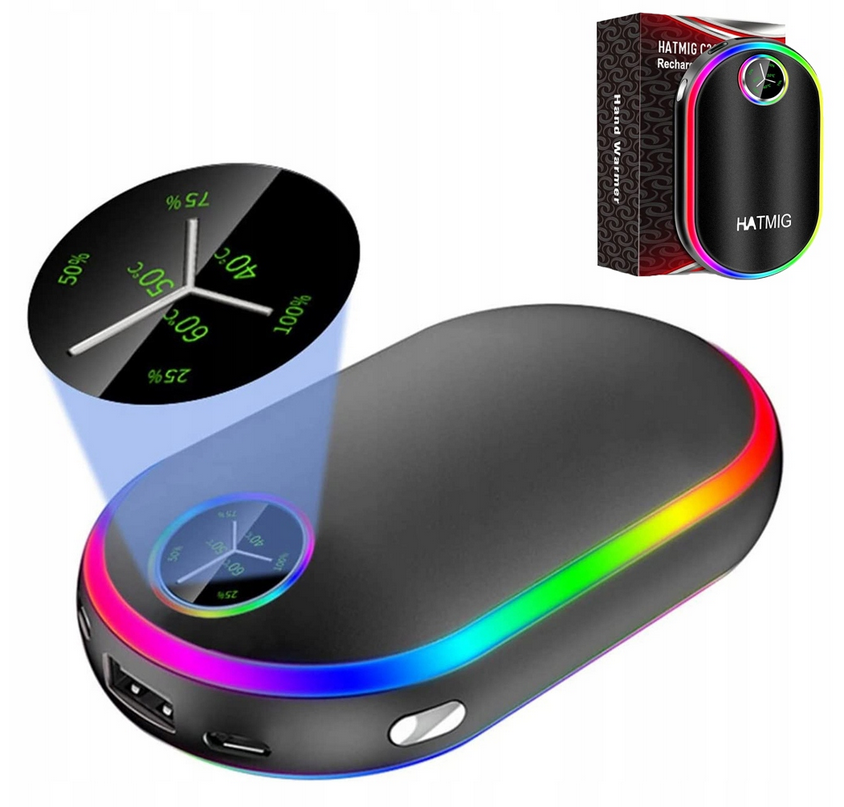 Elektrický kapesní ohřívač rukou - powerbanka 10000 mAh 3 stupně vyhřívání černá - luminiscenční 197g