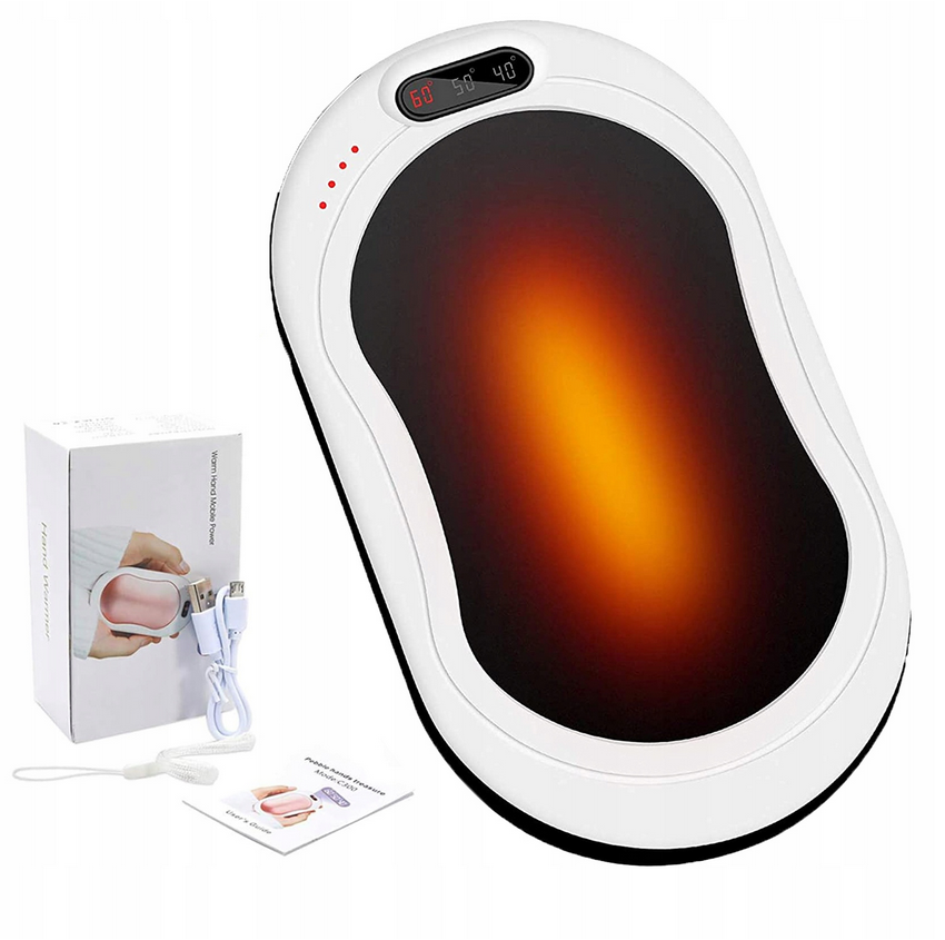 Elektrický kapesní ohřívač rukou - powerbanka 6000 mAh černobílá 3 stupně vyhřívání, vibrace, svítilna, 183g