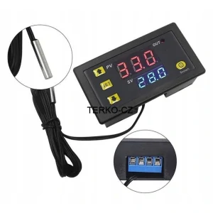 Digitální termostat 12V / 20A - regulátor teploty s externím voděodolným čidlem 95 cm (-50 až 120°C)