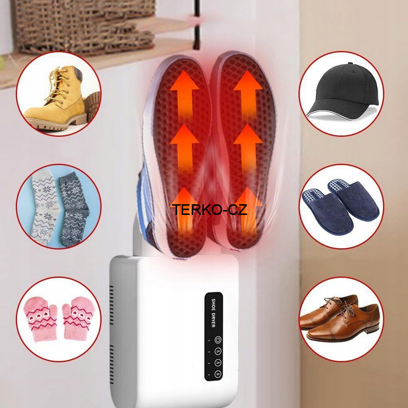 Elektrický bílý teplovzdušný nástěnný vysoušeč bot (obuvi) NCRealher s nastavením času ohřevu a diodami - 150W