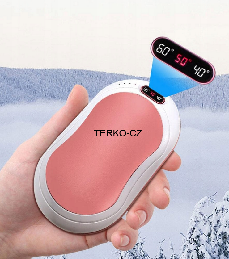 Elektrický kapesní ohřívač rukou - powerbanka 6000 mAh 3 stupně vyhřívání, vibrace, svítilna, růžovo-bílá 183g