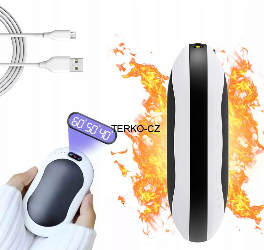 Elektrický kapesní ohřívač rukou - powerbanka 6000 mAh černobílá 3 stupně vyhřívání, vibrace, svítilna, 183g