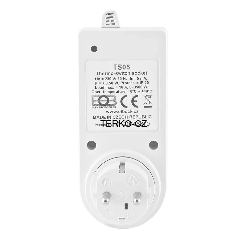 Zásuvkový termostat TS05 16A / 3680W - prostorový regulátor teploty s tlačítkem pro trvalé vypnutí (+3 až +40°C)