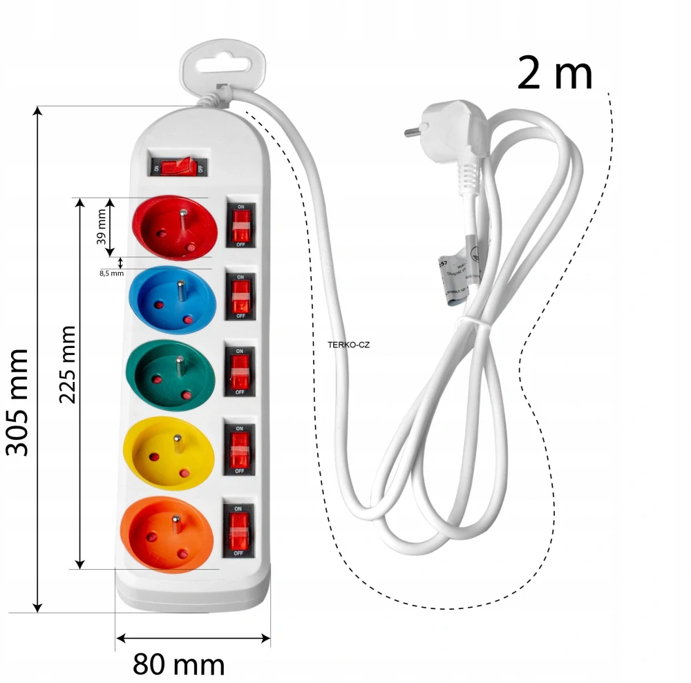 Barevný prodlužovací kabel 2m  5 zásuvek s vypínači