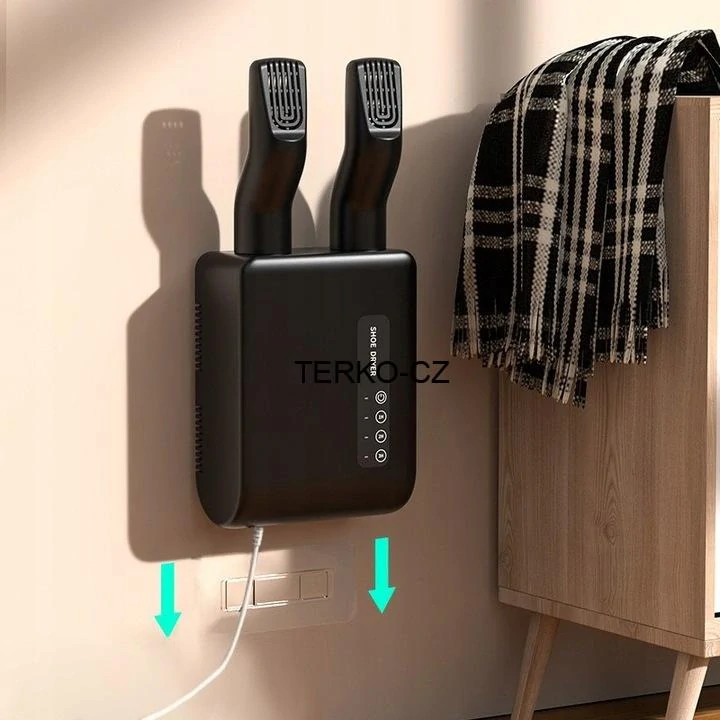 Elektrický černý teplovzdušný nástěnný vysoušeč bot (obuvi) NCRealher s nastavením času ohřevu a diodami - 150W