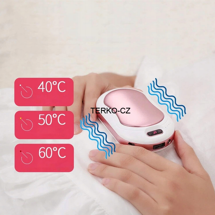 Elektrický kapesní ohřívač rukou - powerbanka 6000 mAh 3 stupně vyhřívání, vibrace, svítilna, růžovo-bílá 183g