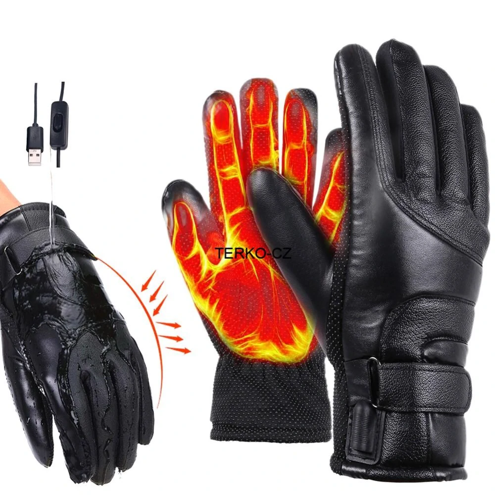 Vyhřívané koženkové rukavice na USB, černé, vel.uni