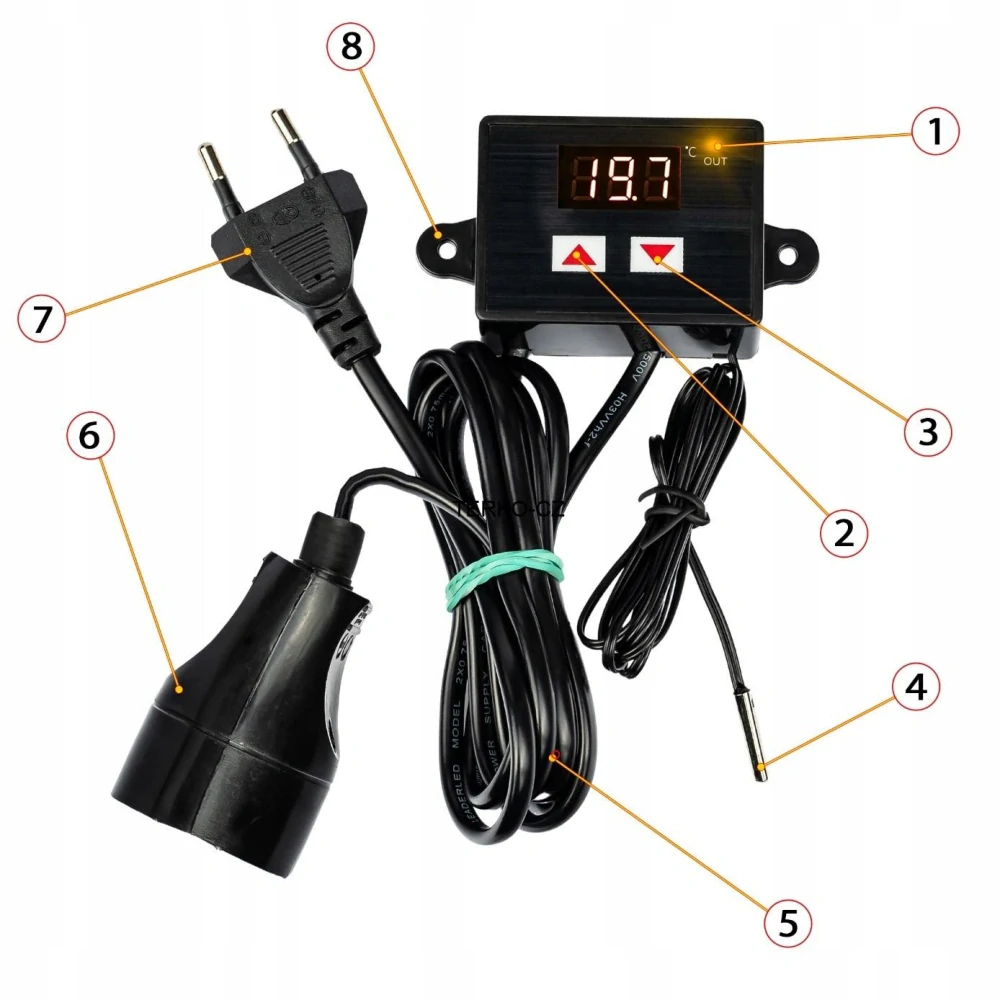 Elektronický termostat 6,5A / 1500W - regulátor teploty se zásuvkou a vidlicí a voděodolným externím čidlem 1m (-50 až +110°C)