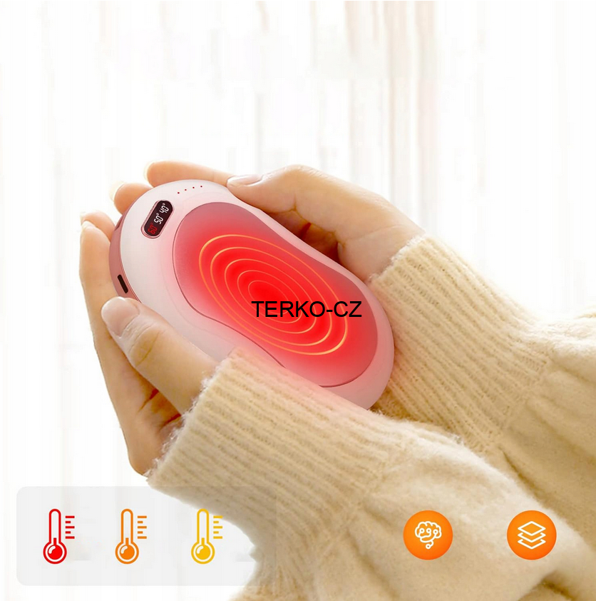 Elektrický kapesní ohřívač rukou - powerbanka 6000 mAh 3 stupně vyhřívání, vibrace, svítilna, růžovo-bílá 183g