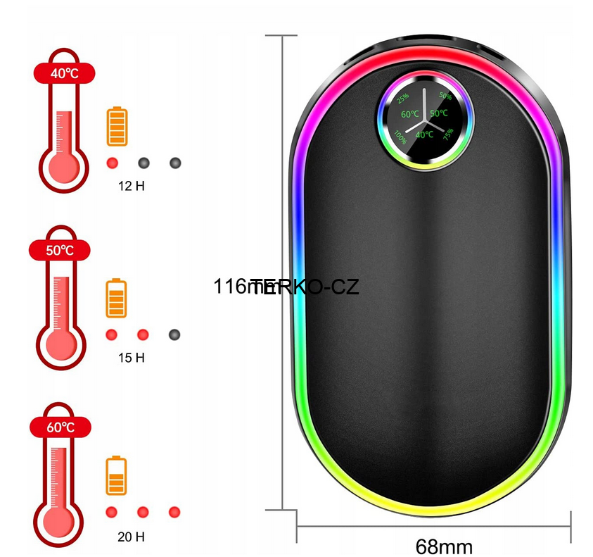 Elektrický kapesní ohřívač rukou - powerbanka 10000 mAh 3 stupně vyhřívání černá - luminiscenční 197g