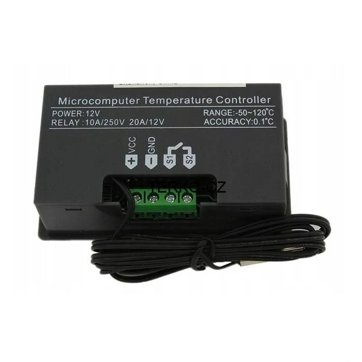 Digitální termostat 12V / 20A - regulátor teploty s externím voděodolným čidlem 95 cm (-50 až 120°C)