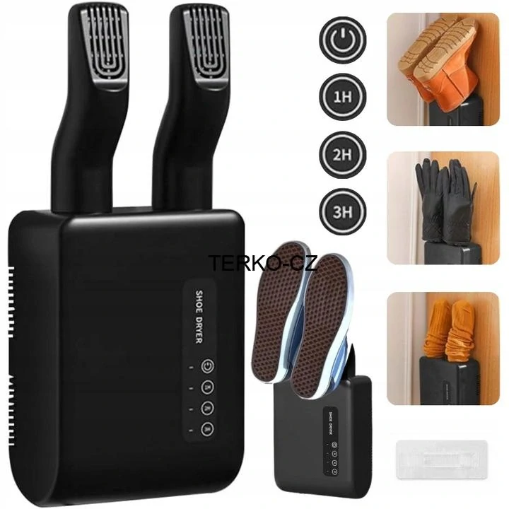 Elektrický černý teplovzdušný nástěnný vysoušeč bot (obuvi) NCRealher s nastavením času ohřevu a diodami - 150W