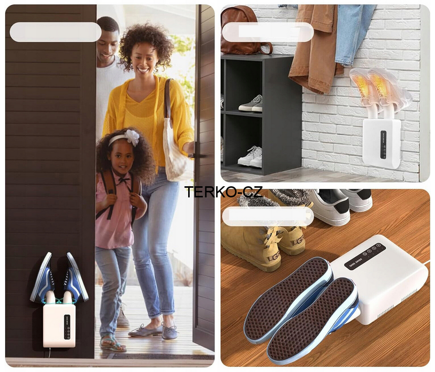 Elektrický bílý teplovzdušný nástěnný vysoušeč bot (obuvi) NCRealher s nastavením času ohřevu a diodami - 150W