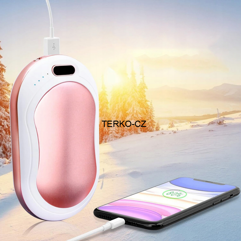 Elektrický kapesní ohřívač rukou - powerbanka 6000 mAh 3 stupně vyhřívání, vibrace, svítilna, růžovo-bílá 183g
