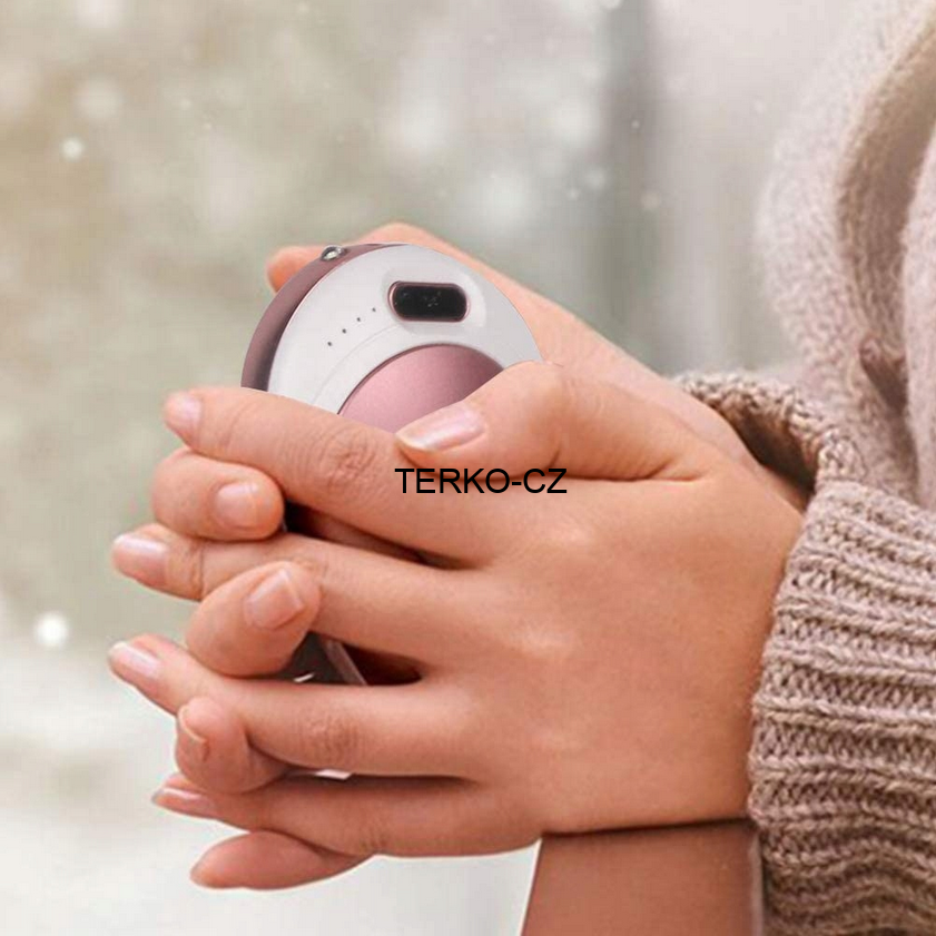 Elektrický kapesní ohřívač rukou - powerbanka 6000 mAh 3 stupně vyhřívání, vibrace, svítilna, růžovo-bílá 183g