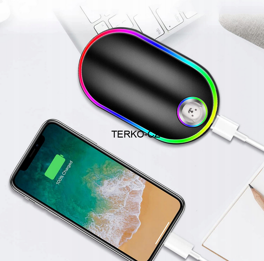 Elektrický kapesní ohřívač rukou - powerbanka 10000 mAh 3 stupně vyhřívání černá - luminiscenční 197g