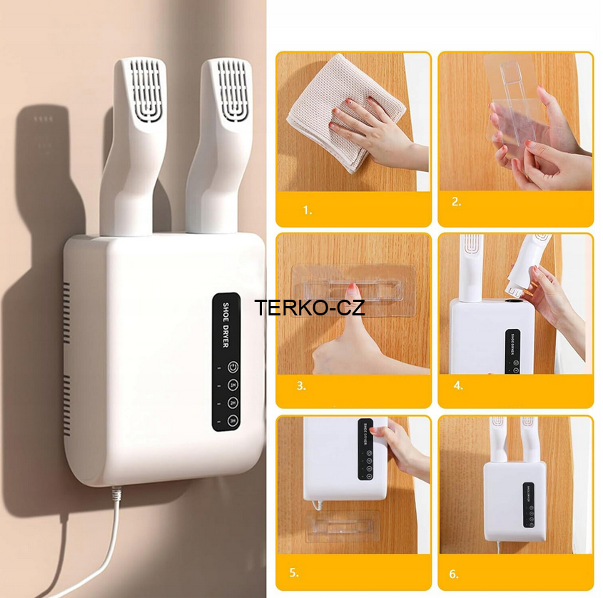 Elektrický bílý teplovzdušný nástěnný vysoušeč bot (obuvi) NCRealher s nastavením času ohřevu a diodami - 150W